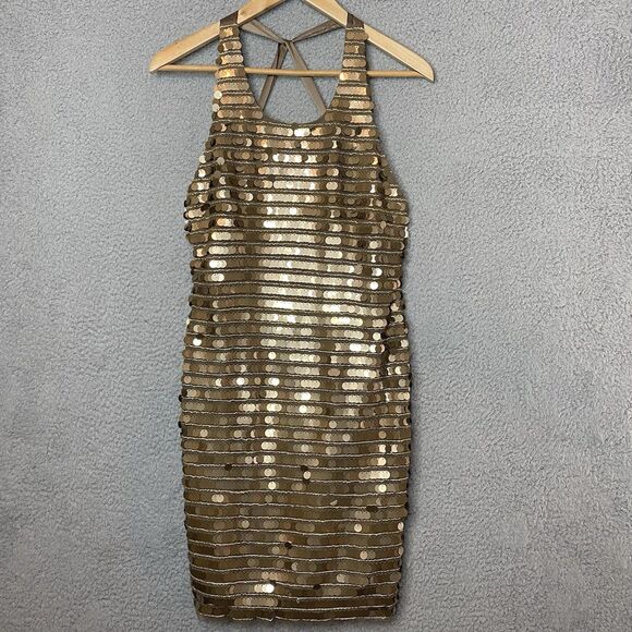 New BCBG Sequin Gold NYE Bronze Iman Mini Dress Small Coin Criss Cross Back NWT - Picture 6 of 14